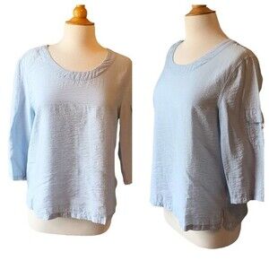Focus Blue Grey 3/4 Sleeve Rayon Flax Linen Light weight Scoop Neck Blouse
